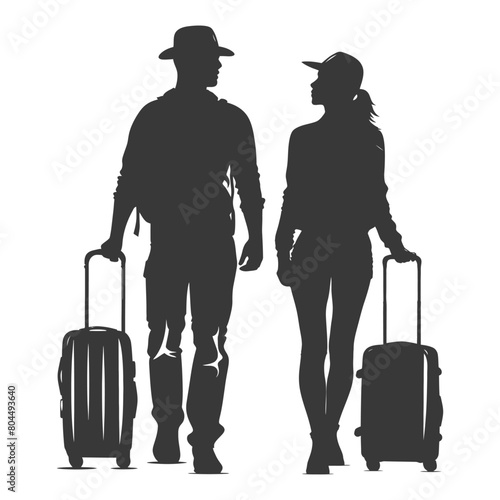 silhouette man and woman traveling with suitcase black color only