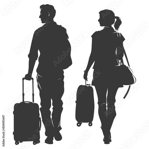 silhouette man and woman traveling with suitcase black color only