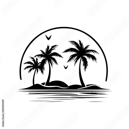 Coconut trees on an island by the sea black and white background vector illustration