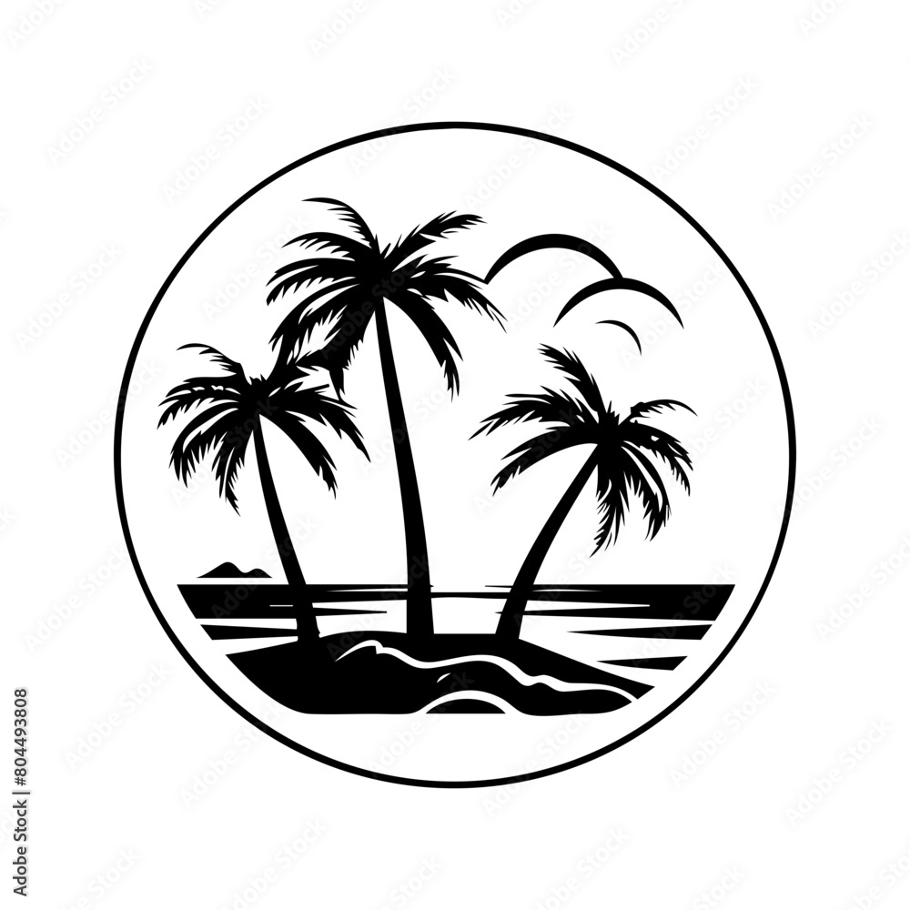 Coconut trees on an island by the sea black and white background vector illustration