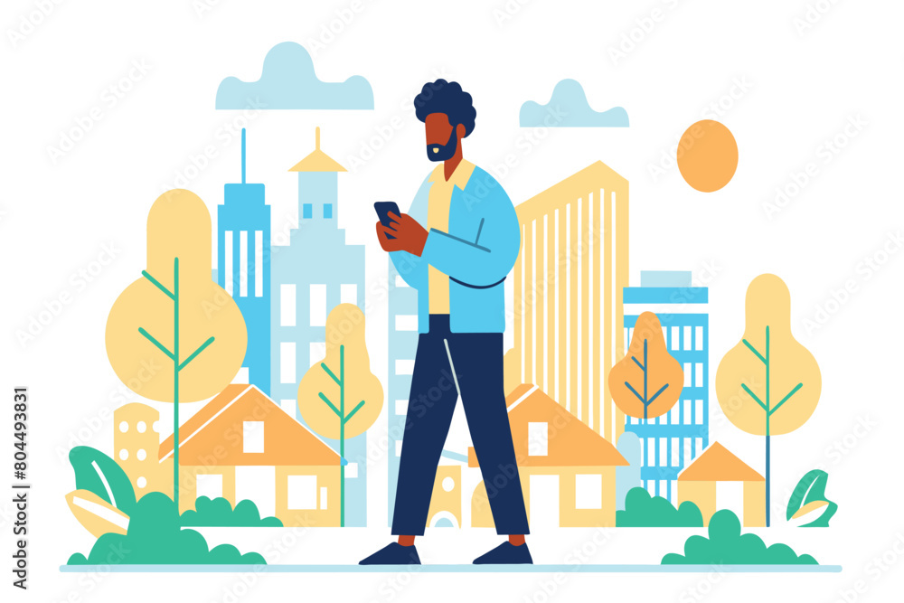 A man strolls in a park against a cityscape, engrossed in his phone A man strolls in a park against a cityscape, engrossed in his phone