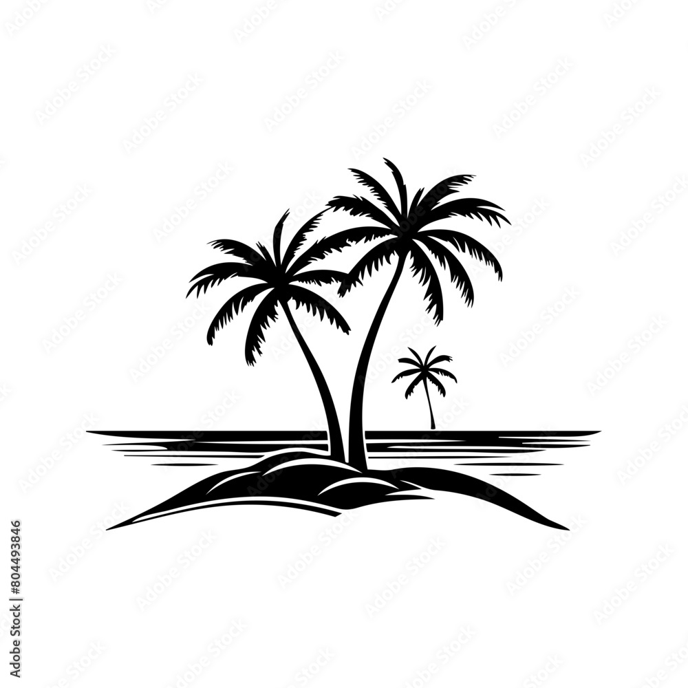 Obraz premium Coconut trees on an island by the sea black and white background vector illustration