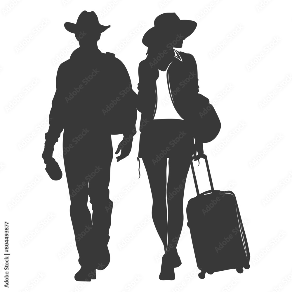 silhouette man and woman traveling with suitcase black color only