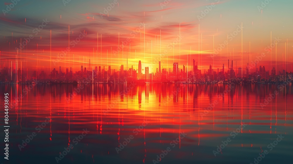 Show a financial horizon at the break of dawn, where the horizon line seamlessly transitions into rising and falling stock market graphs, symbolizing the constant flux of financial markets. Show a financial horizon at the break of dawn, where the horizon line seamlessly transitions into rising and falling stock market graphs, symbolizing the constant flux of financial markets.