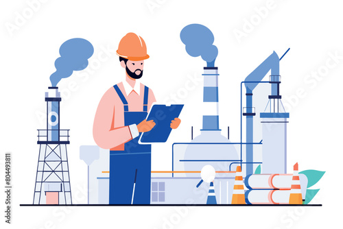 A man in work attire standing in front of a large industrial factory, holding a clipboard