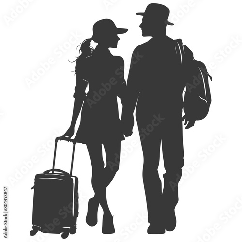 silhouette man and woman traveling with suitcase black color only