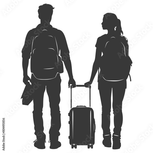 silhouette man and woman traveling with suitcase black color only