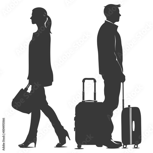 silhouette man and woman traveling with suitcase black color only