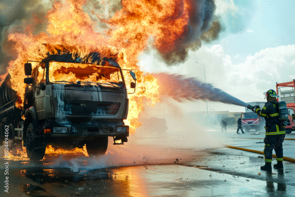Fire fighters at work, Firefighters in action to fighting with the fire flame from oil tanker truck. Fire fighters at work, Firefighters in action to fighting with the fire flame from oil tanker truck.