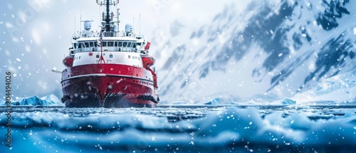 A red and white ship sails through icy waters.