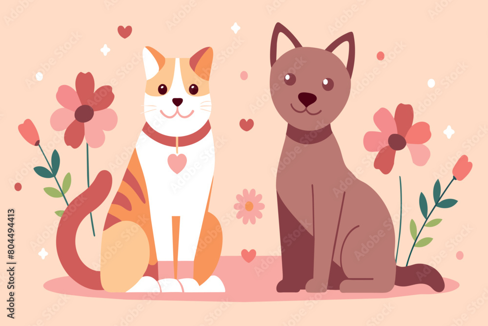 A cat and dog sit side by side amid a backdrop of florals A cat and dog sit side by side amid a backdrop of florals