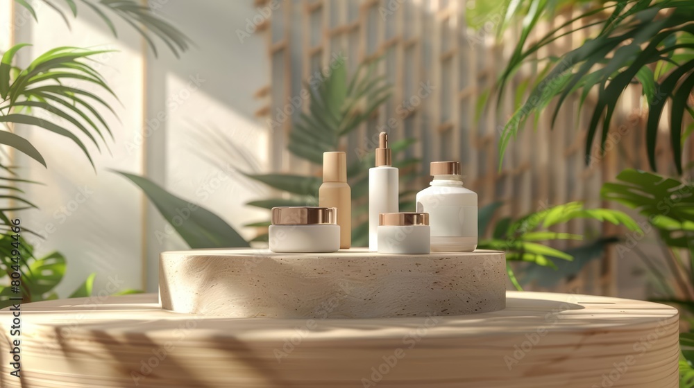 Natural skincare products on a wooden podium with a tropical leaf background. The sun is shining through the leaves, creating a beautiful and natural light.