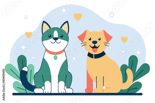 Two cats are seated side by side, facing in the same direction. They appear relaxed and content in each others company