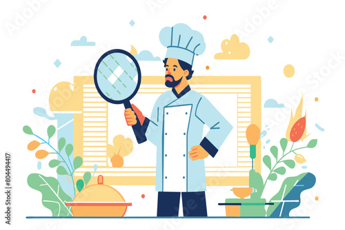 A chef examines food closely with a magnifying glass