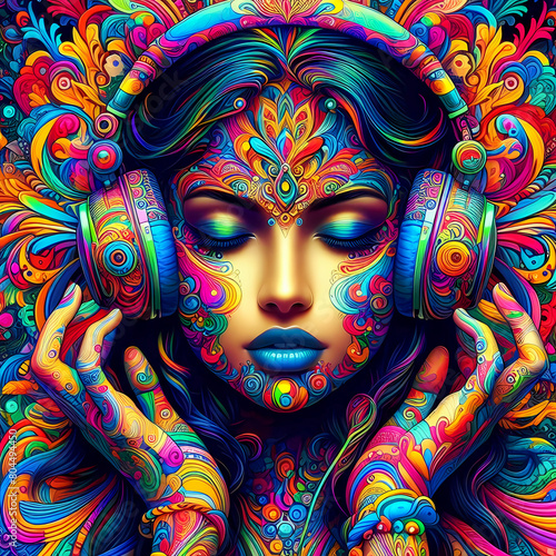 Digital art vibrant colorful psychedelic beautiful woman with headphones vibin to music © The A.I Studio