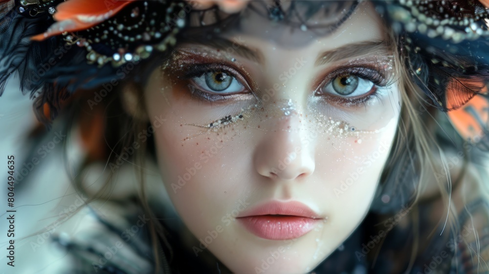 a young girl with unusual jewelry and futuristic elements in her clothes, he represents the image of the future and the colors in the photo are unusual