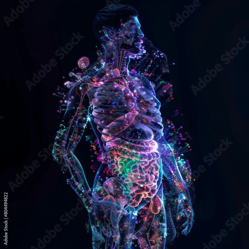 Hologram graphics of a human body with painful or diseased intestines