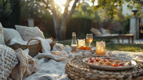 A cozy outdoor setting with blankets and pillows where guests can relax and enjoy their homemade pizzas and mocktails.