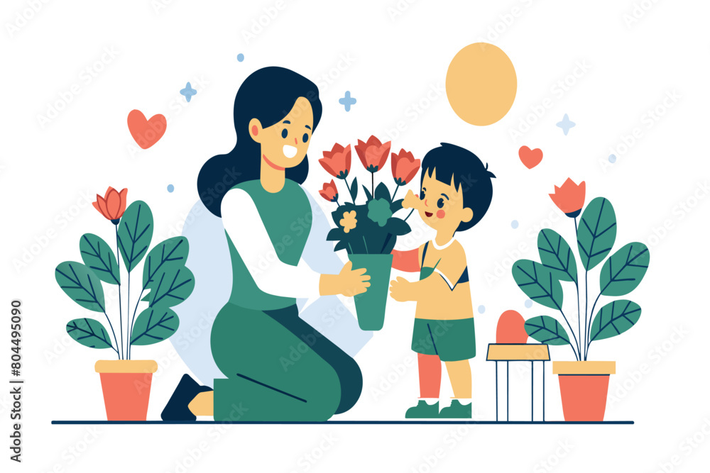 Boy presents flowers to smiling woman; plants and hearts around Boy presents flowers to smiling woman; plants and hearts around