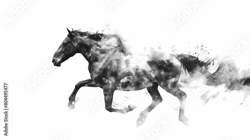 Beautiful running dark horse on white background.