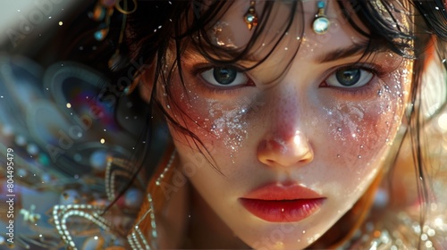 a young girl with unusual jewelry and futuristic elements in her clothes, he represents the image of the future and the colors in the photo are unusual