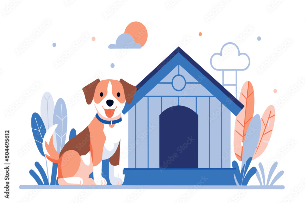 A cheerful cartoon dog by its house on a sunny day A cheerful cartoon dog by its house on a sunny day