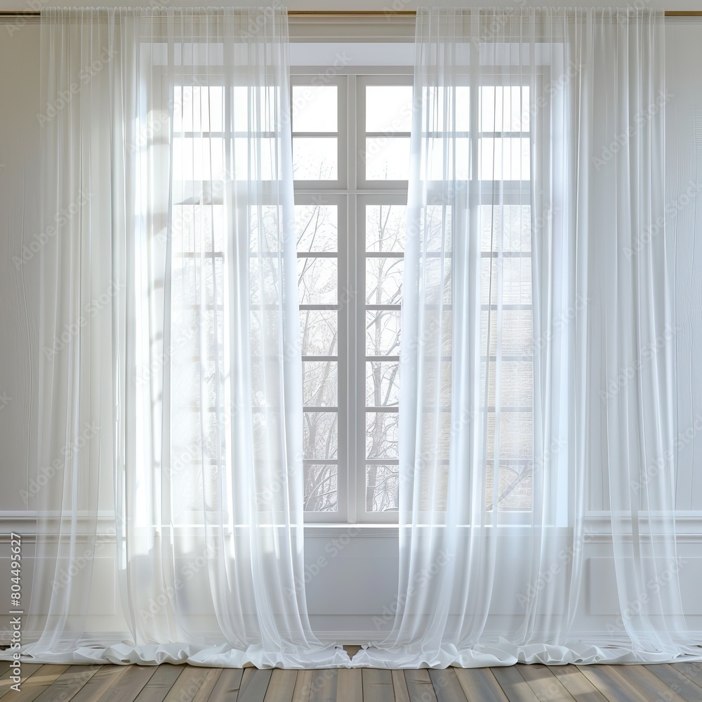 Elegant sheer white curtains blowing in the wind in front of a large window Elegant sheer white curtains blowing in the wind in front of a large window