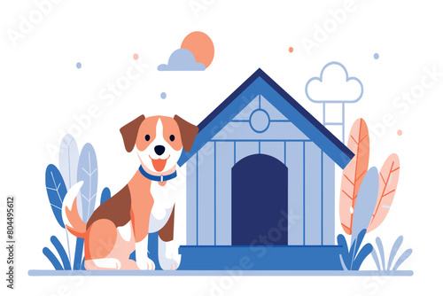 A cheerful cartoon dog by its house on a sunny day