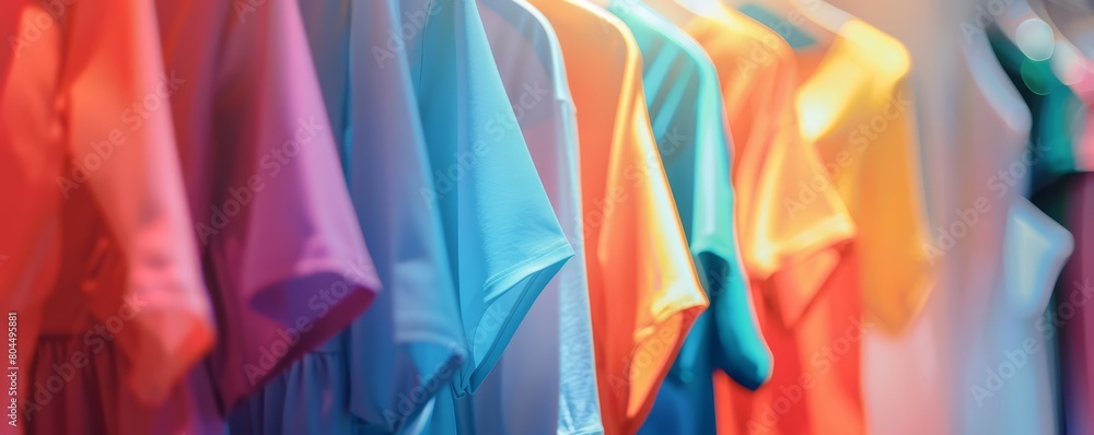 A variety of colorful t-shirts are hanging on a rack
