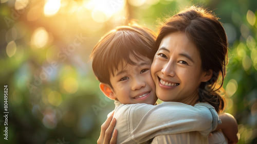 A heartwarming embrace between a smiling Asian mother and her son, illuminated by soft sunlight through leaves