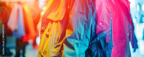 A variety of jackets are hanging on a rack in a store. The jackets are of different colors and styles. photo