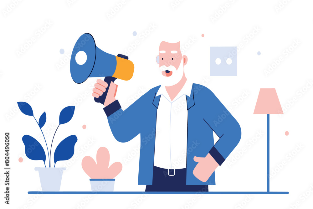 A man standing while holding a megaphone in his hand, ready to make an announcement or amplify his voice A man standing while holding a megaphone in his hand, ready to make an announcement or amplify his voice
