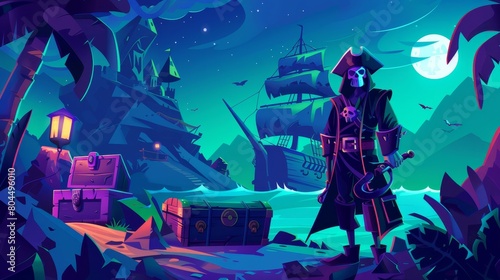 A pirate ghost on a haunted island walking with a hook hand and a wooden leg prosthesis on a tropical beach at night with ships, chests, and treasure maps. Cartoon modern illustration.