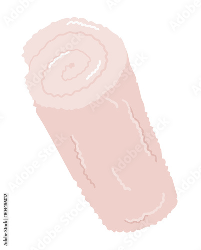 Spa terry towel in flat design. Pink rolling fluffy cotton towel or napkin. Vector illustration isolated.