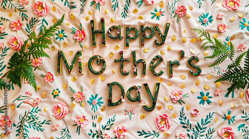 Happy Mother's Day embellished with vibrant floral motifs, graceful greenery, and gleaming gold embellishments on a soft vanilla background.