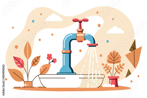 Water streams out of a metal faucet in a sink