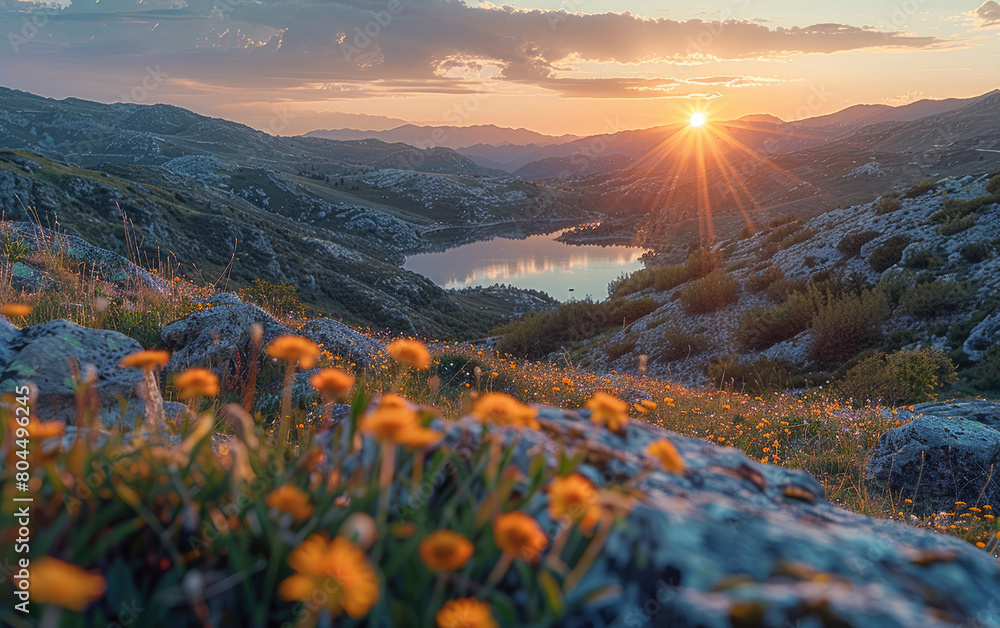 Sunrise in the mountains with beautiful flowers. Created with Ai