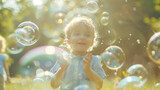 A joyful toddler plays with soap bubbles in a sunlit park, surrounded by a magical atmosphere
