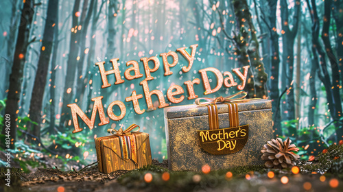 Happy Mother's Day on a misty forest background with an earth-toned gift box. Shiny text word colors. photo
