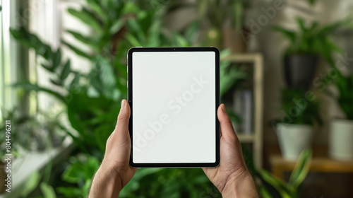 Close-up view of a person hand presenting an tablet Pad with a blank screen in a well lit, stylish living room
