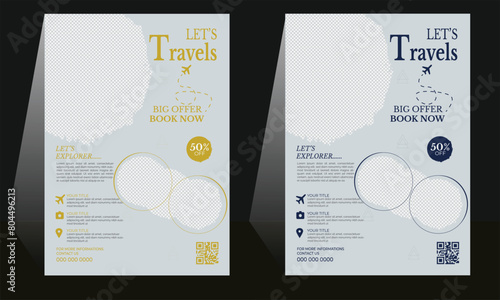 Travel Flyer poster  layout space for photo layout with off white and  gold font Accents