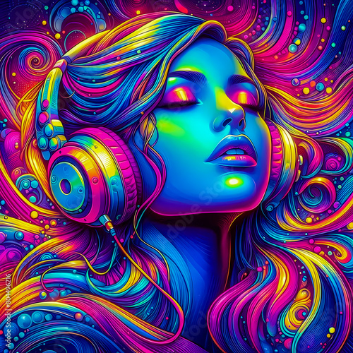 Digital art vibrant colorful psychedelic beautiful woman with headphones vibin to music