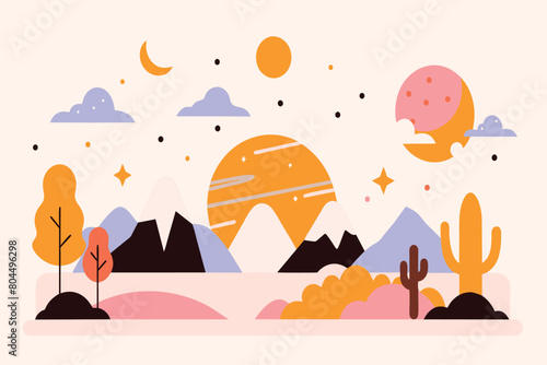 A desert landscape featuring mountains  trees  and a starry sky