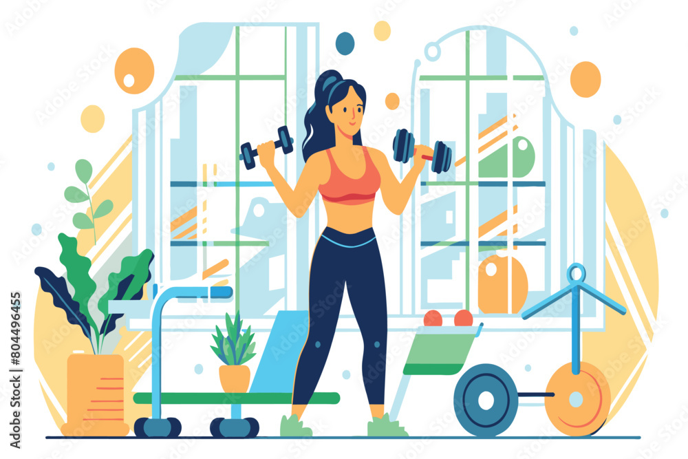 A woman is exercising with dumbbells in a gym to strengthen her muscles and improve fitness