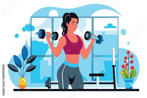 A woman is performing exercises with dumbbells, focusing on strength training