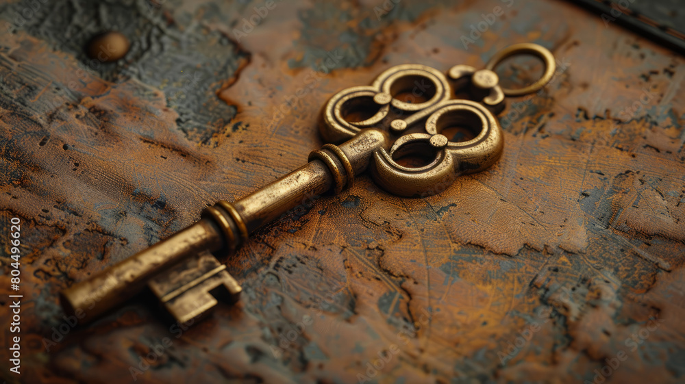 Antique brass keys on textured surface. Antique brass keys on textured surface.