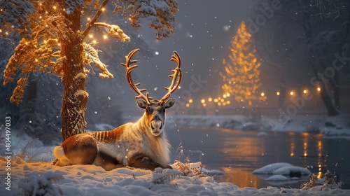 White deer with majestic antlers wandering through a snowy forest,reindeer