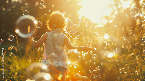 A joyful child chases glowing soap bubbles in a sunlit meadow, embodying pure happiness and freedom photo