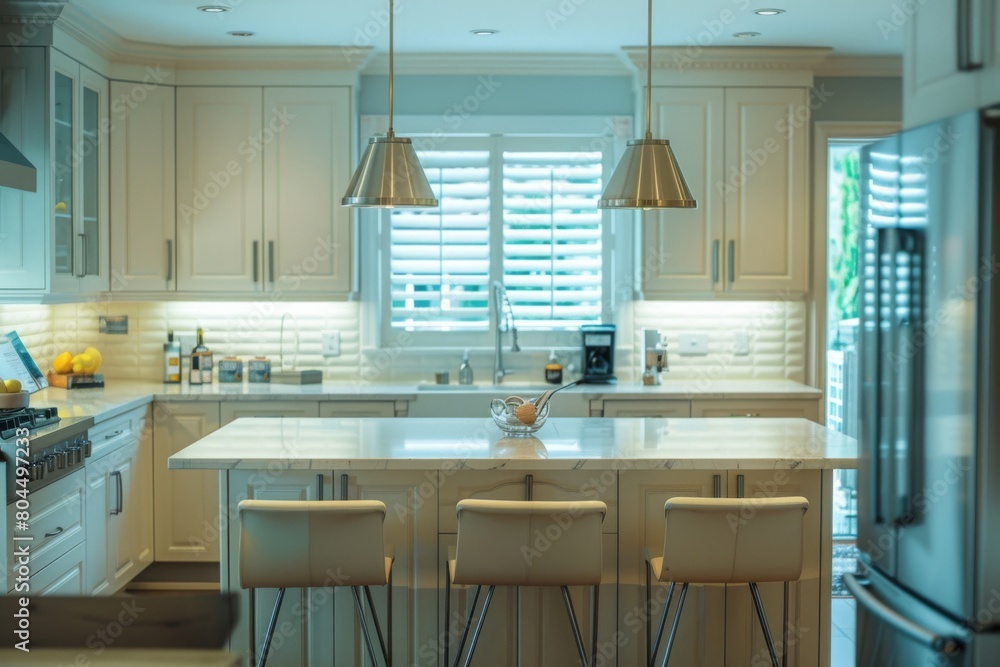 Fototapeta premium Modern Kitchen Interior with Elegant Pendant Lighting and Marble Countertop