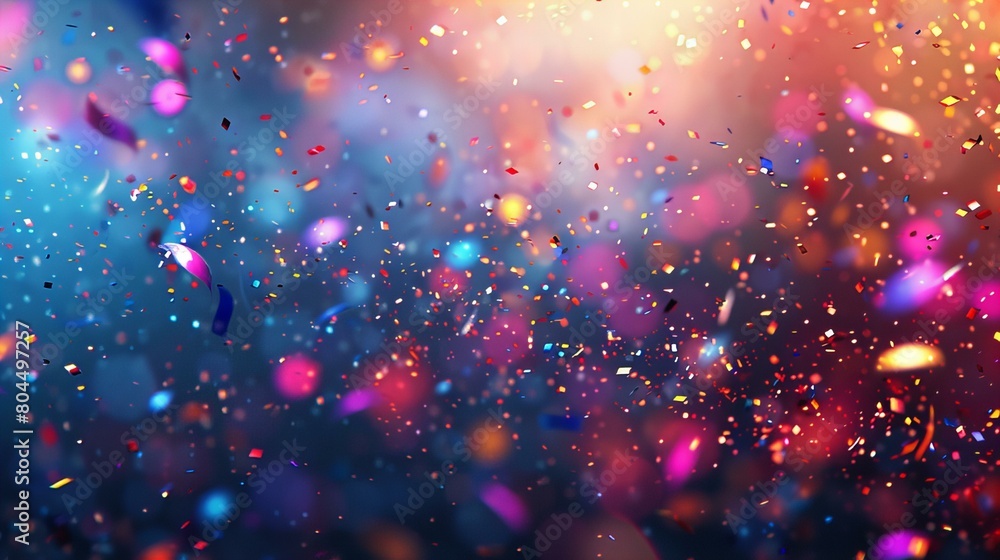 An enchanting and vivid display of floating sparkles and confetti in a dreamy, multicolored bokeh background, ideal for conveying festive joy and magical moments,celebration concept